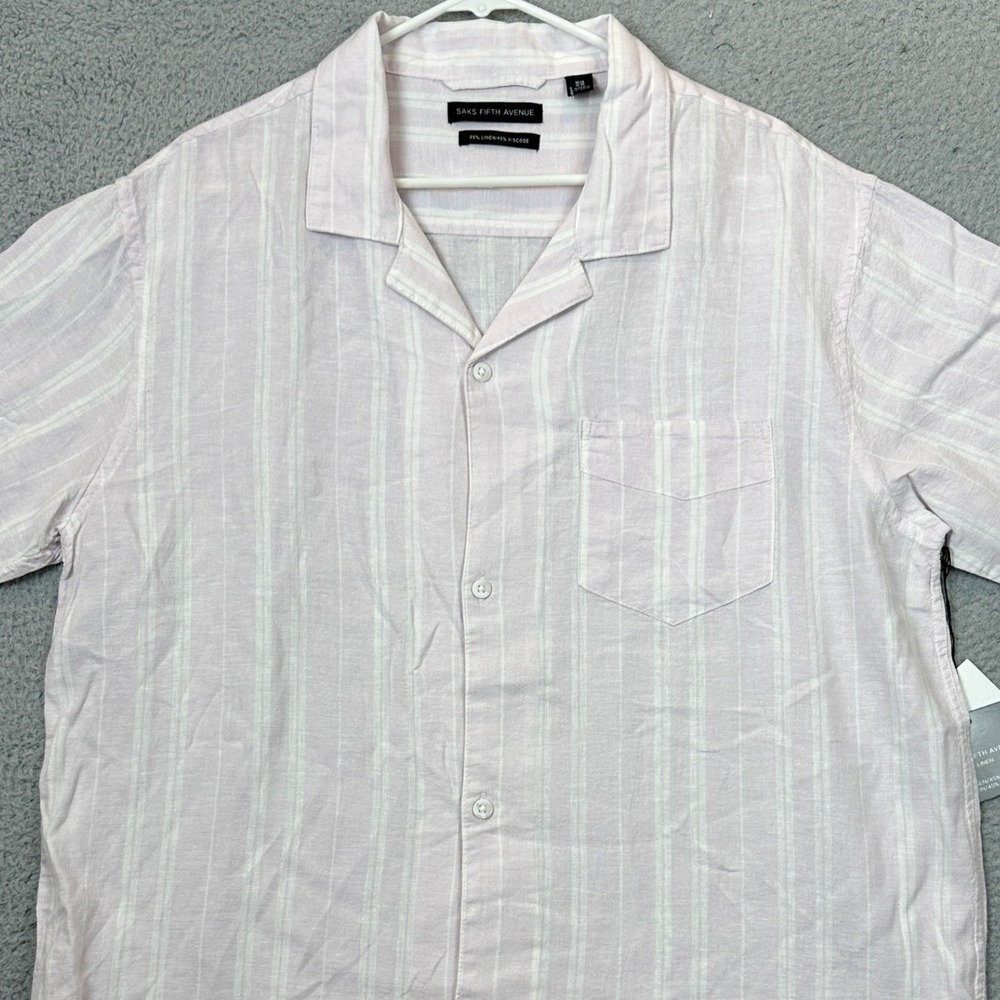 NEW Saks Fifth Avenue Shirt Mens XL Linen Blend Pink White Striped Button Up